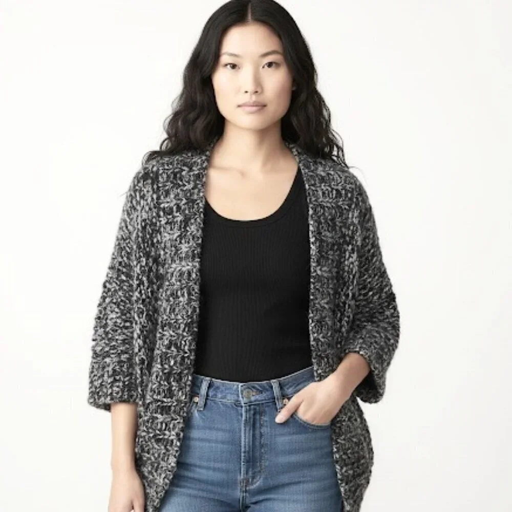 Fluxus Wool Alpaca Blend Shawl Salt & Pepper Knit Woven Chunky Oversized Coat XS